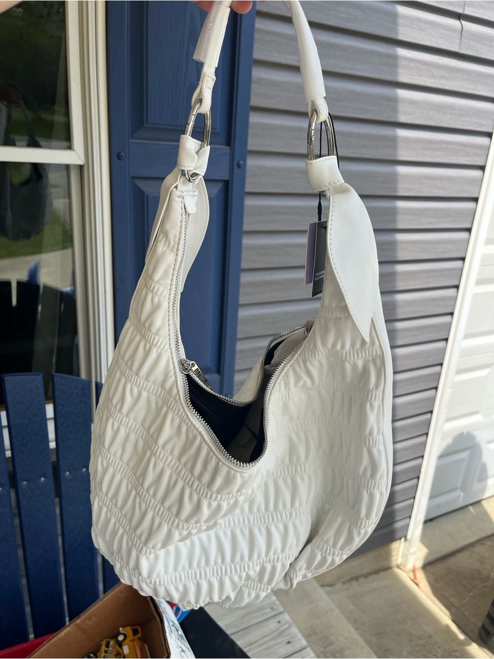 White Quilted Hobo Bag with Top Zip - Soft Shoulder Style